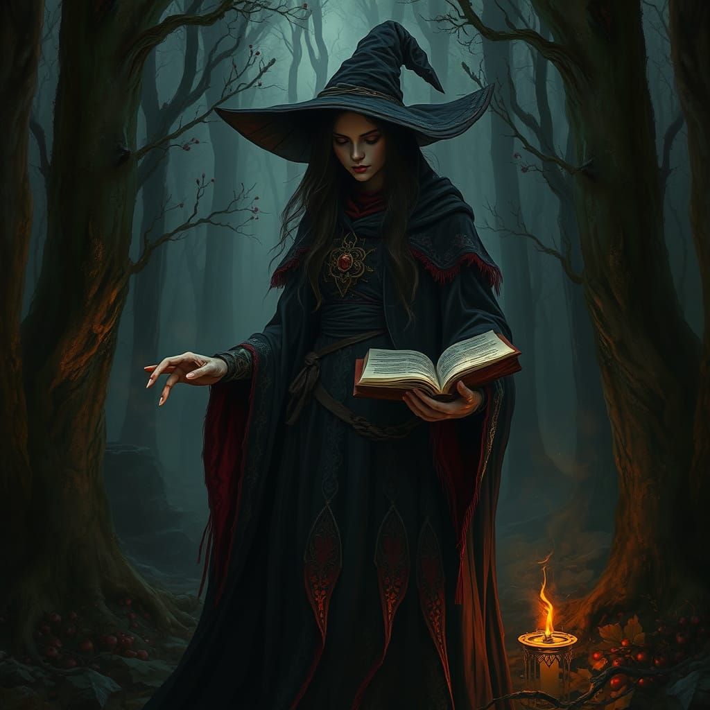 Gothic Witch in a Dark, Mystical Forest