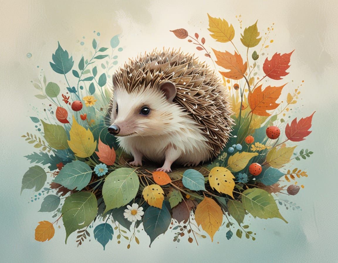 Hedgehog Curled in Autumn Leaves as Watercolor Gouache