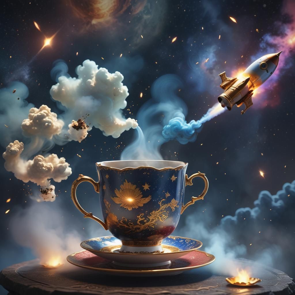 Rocket Launching from Teacup in Cinematic Style