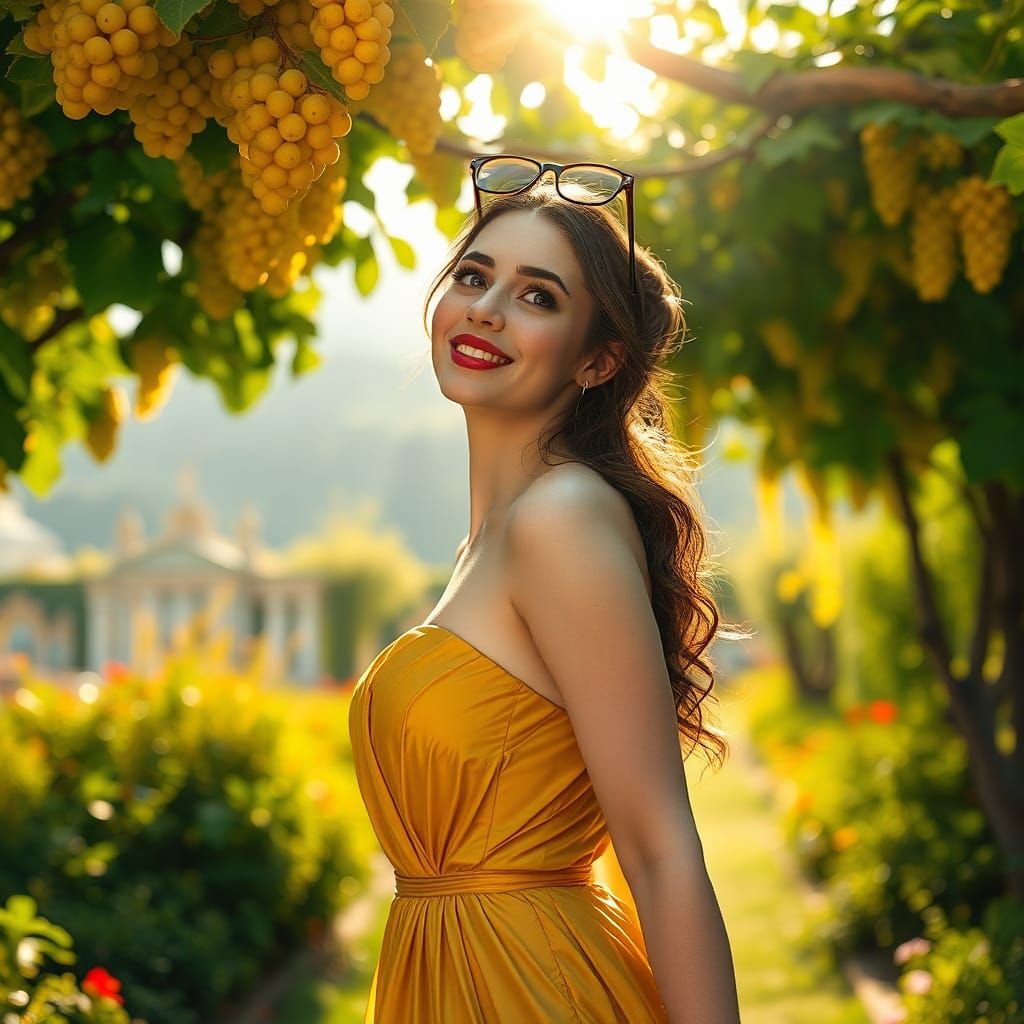 Woman in Gold Dress in Lush Garden