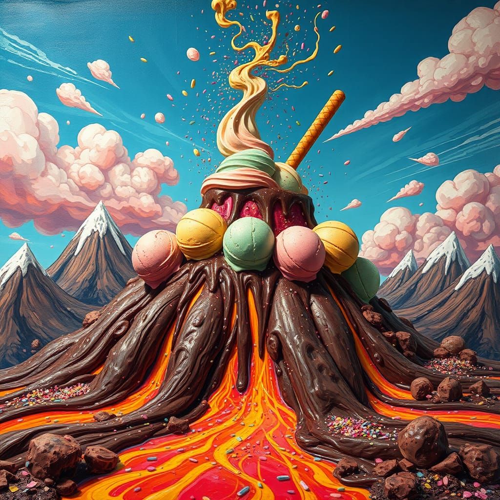 Ice Cream Volcano Food Art in Dreamlike Style