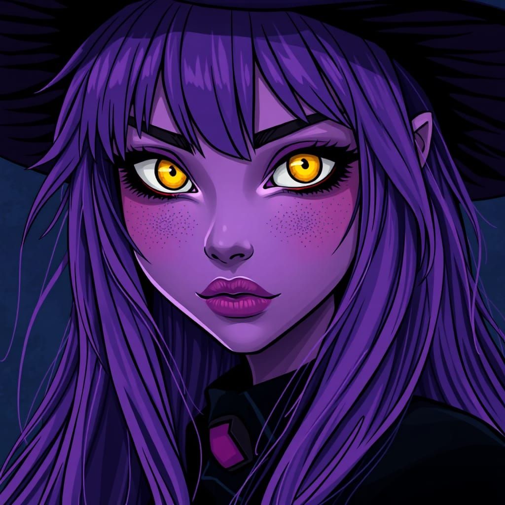 Purple Witch Portrait in Comic Cartoon Style