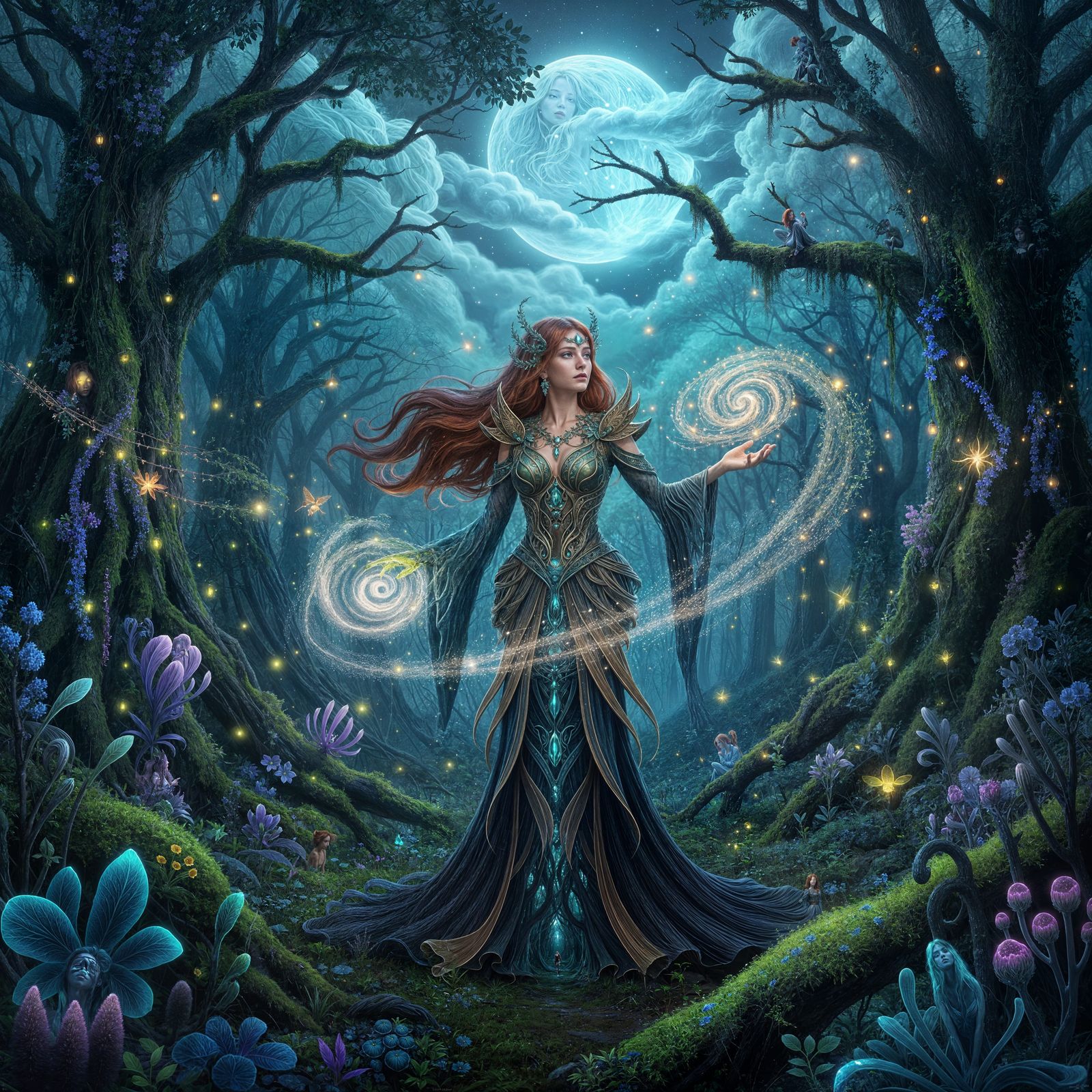 Ethereal Redhead Conjuring Stardust in Moonlit Forest