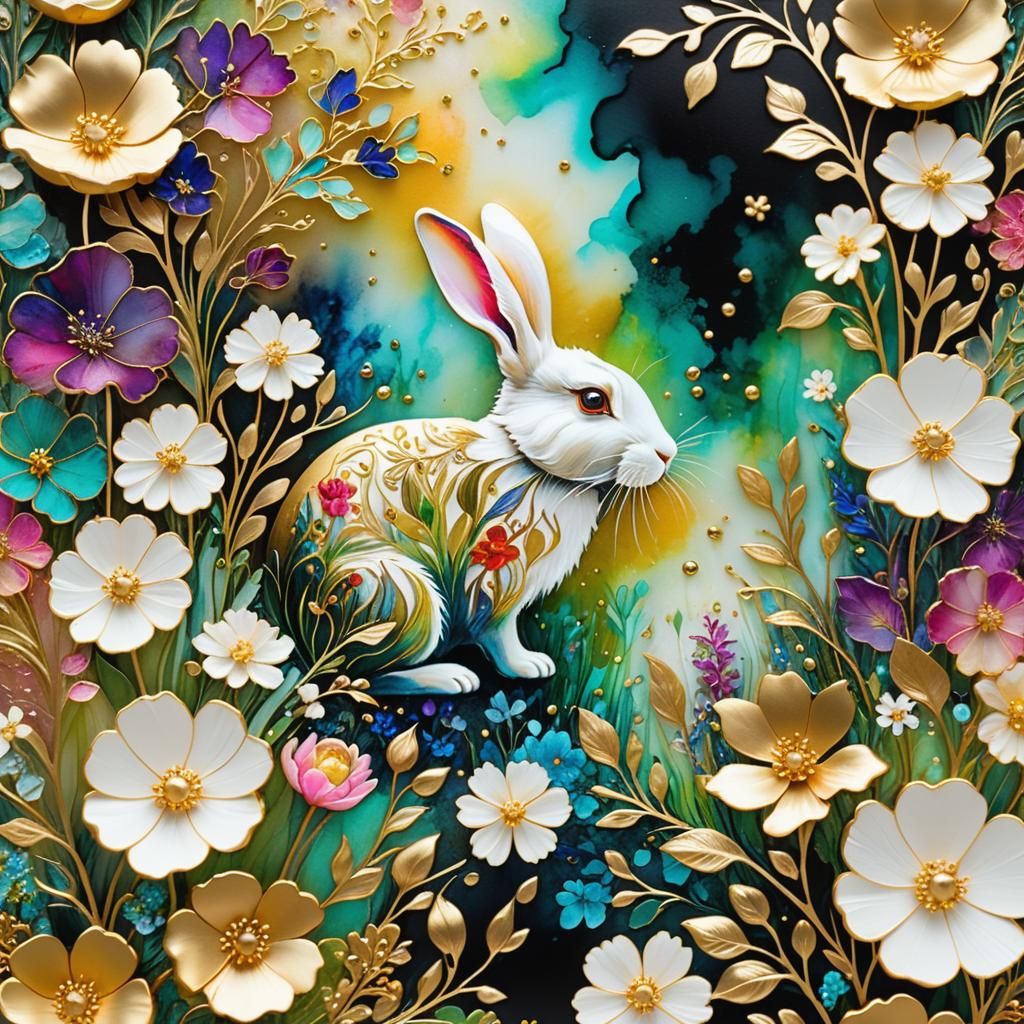 Rabbit in Lush Garden with Metallic Details