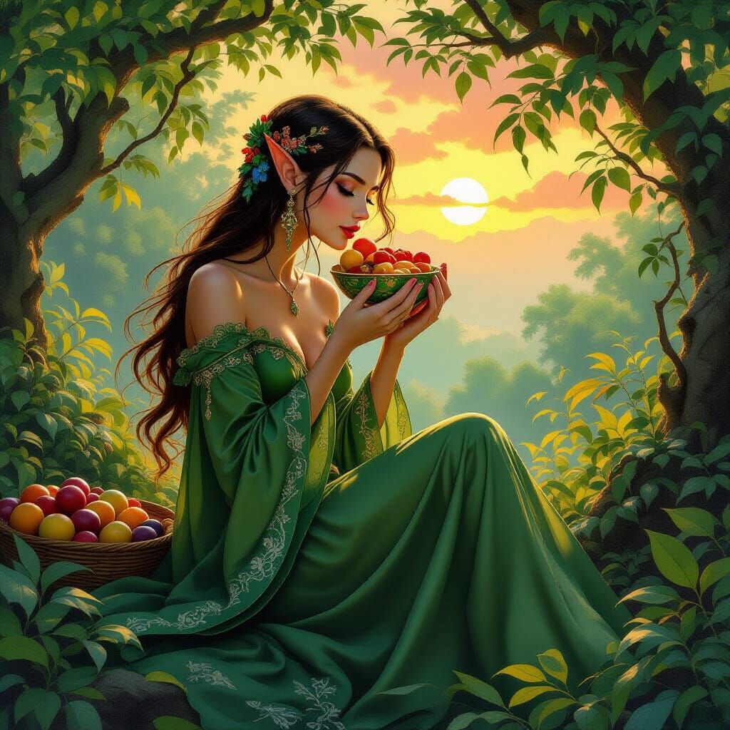 Ethereal Wood Elf at Sunset, Dreamy Art