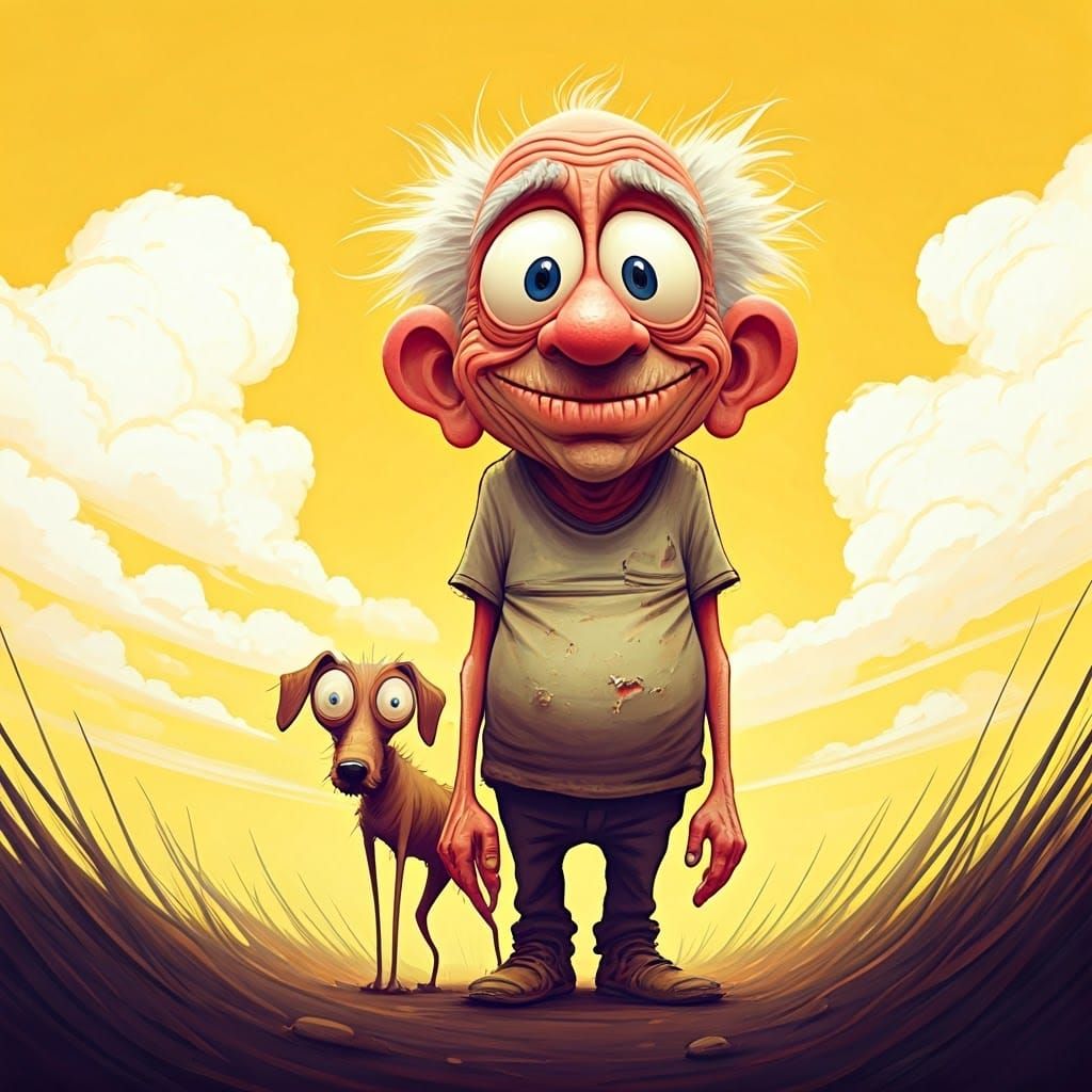 Whimsical Old Man with a Quirky Dog in a Vibrant Landscape