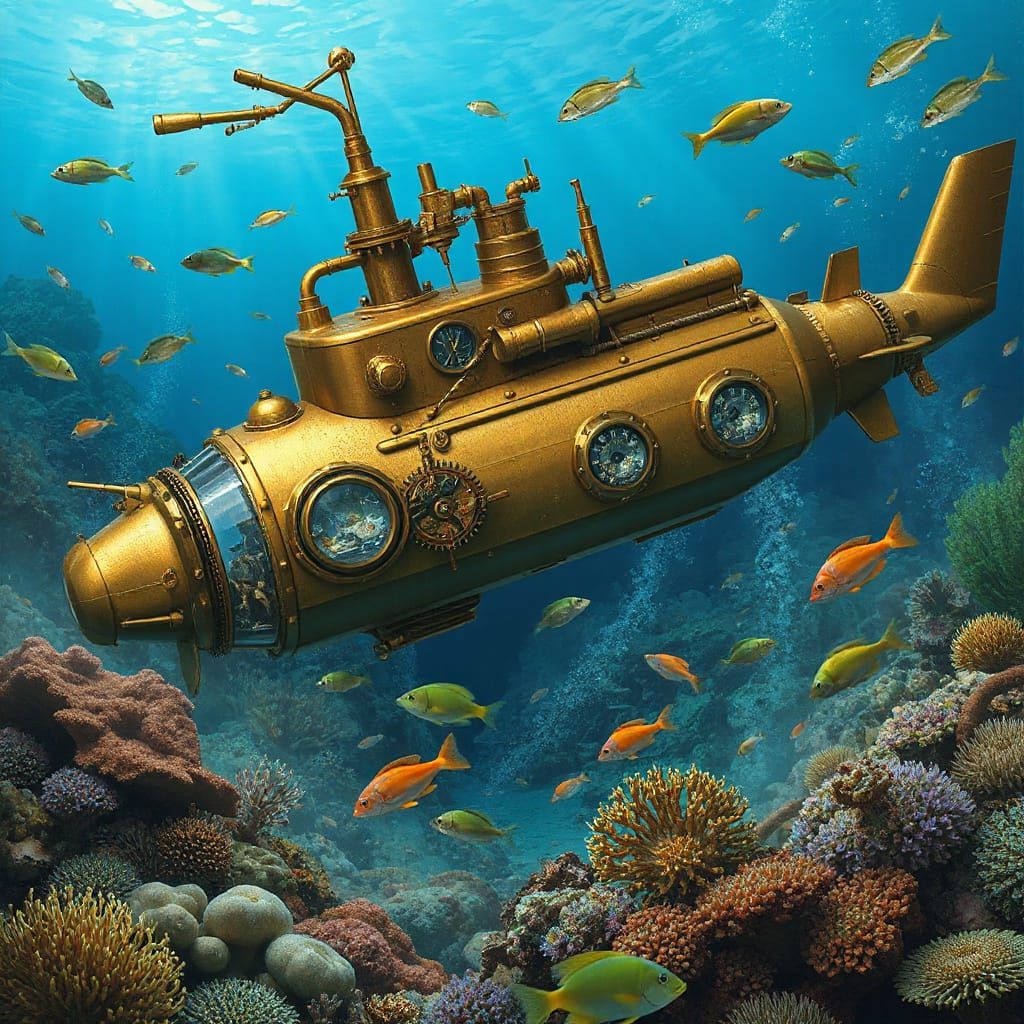 Steampunk Submarine Exploring Coral Reef