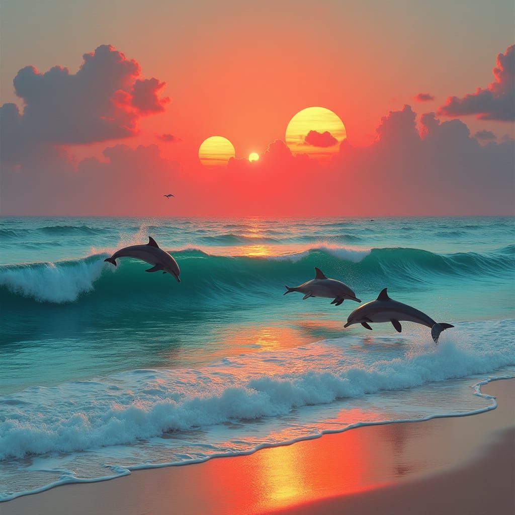 Beachscape with Two Suns, Oil Painting Style