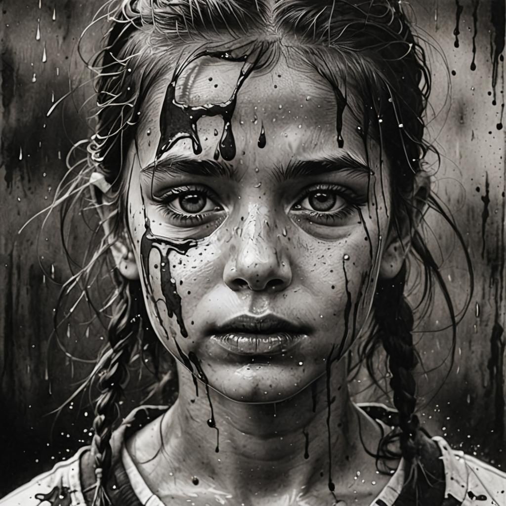 Monochrome Wet Face Portrait in Charcoal Style