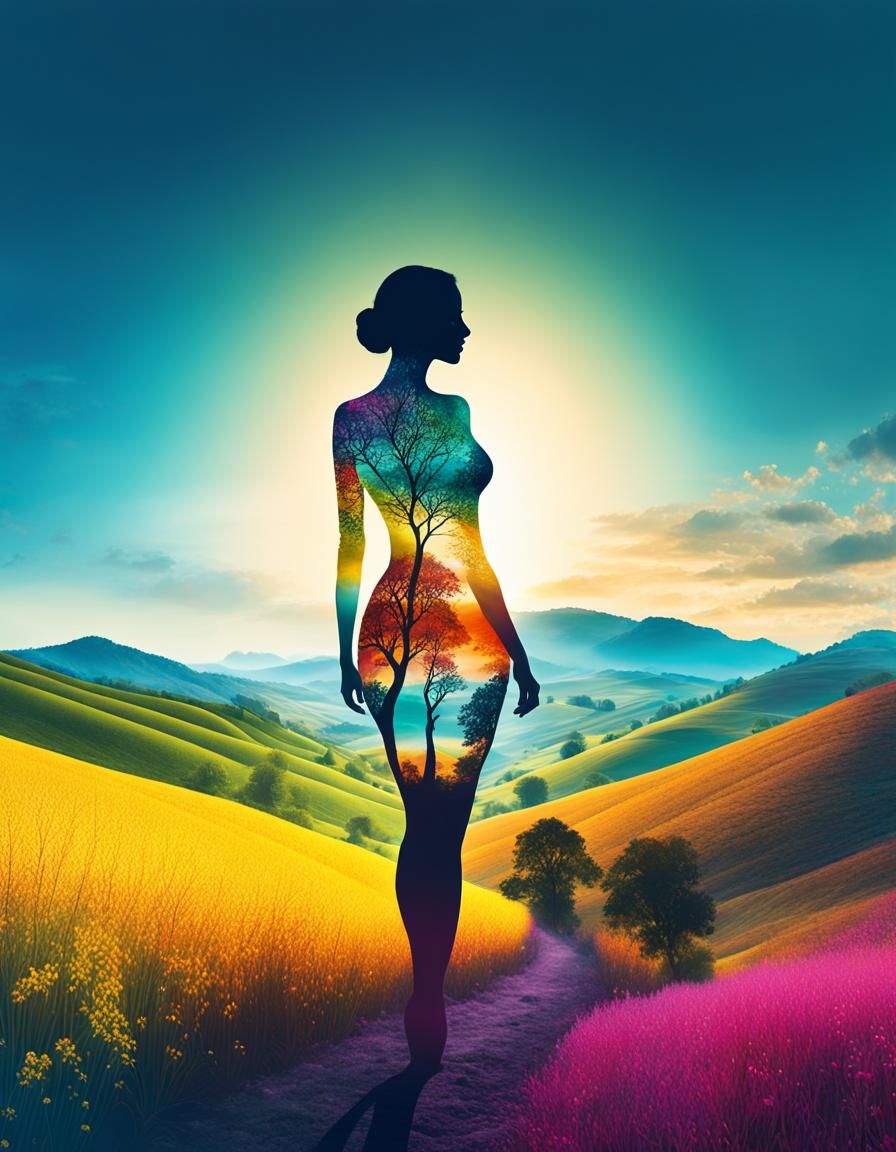 Mystical Woman Silhouette in Country Valley Double Exposure