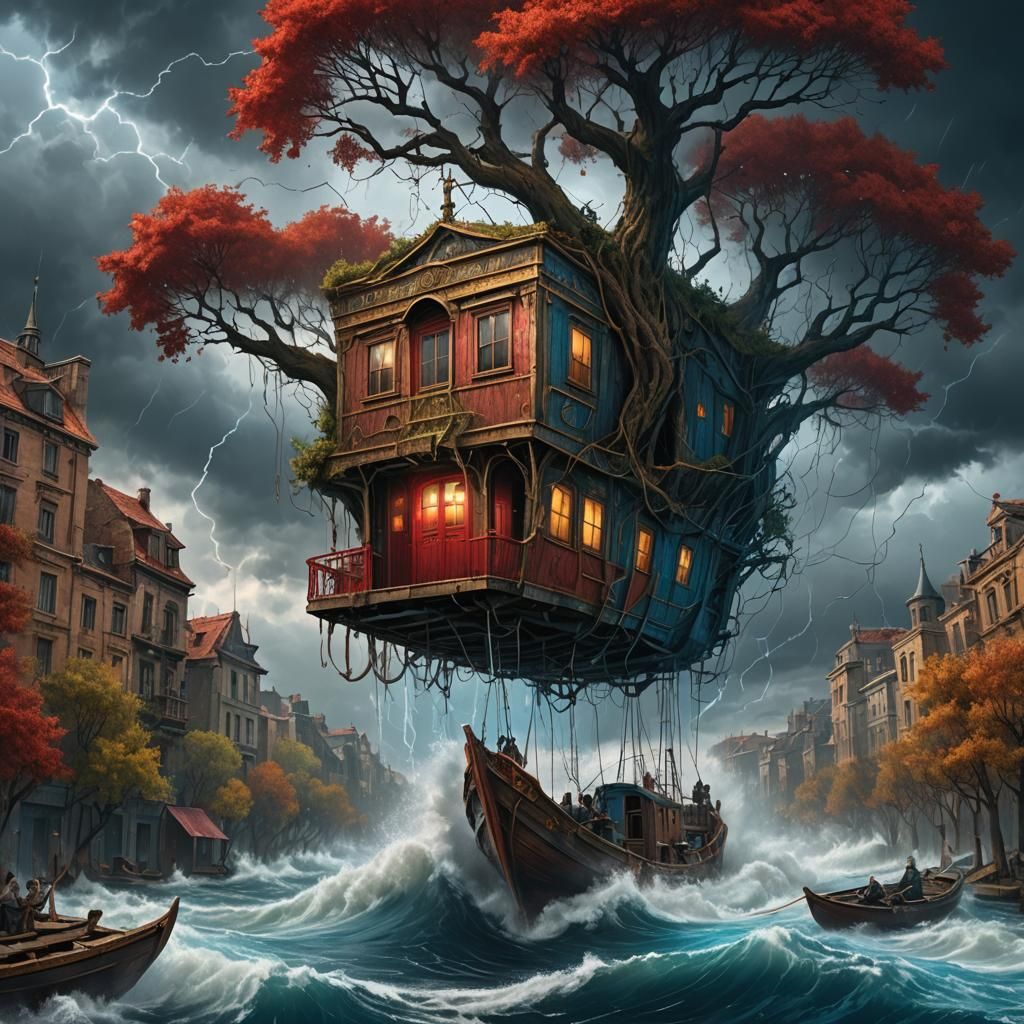 Flying Houseboat Amidst Dystopian Storm, Gothic Horror Style
