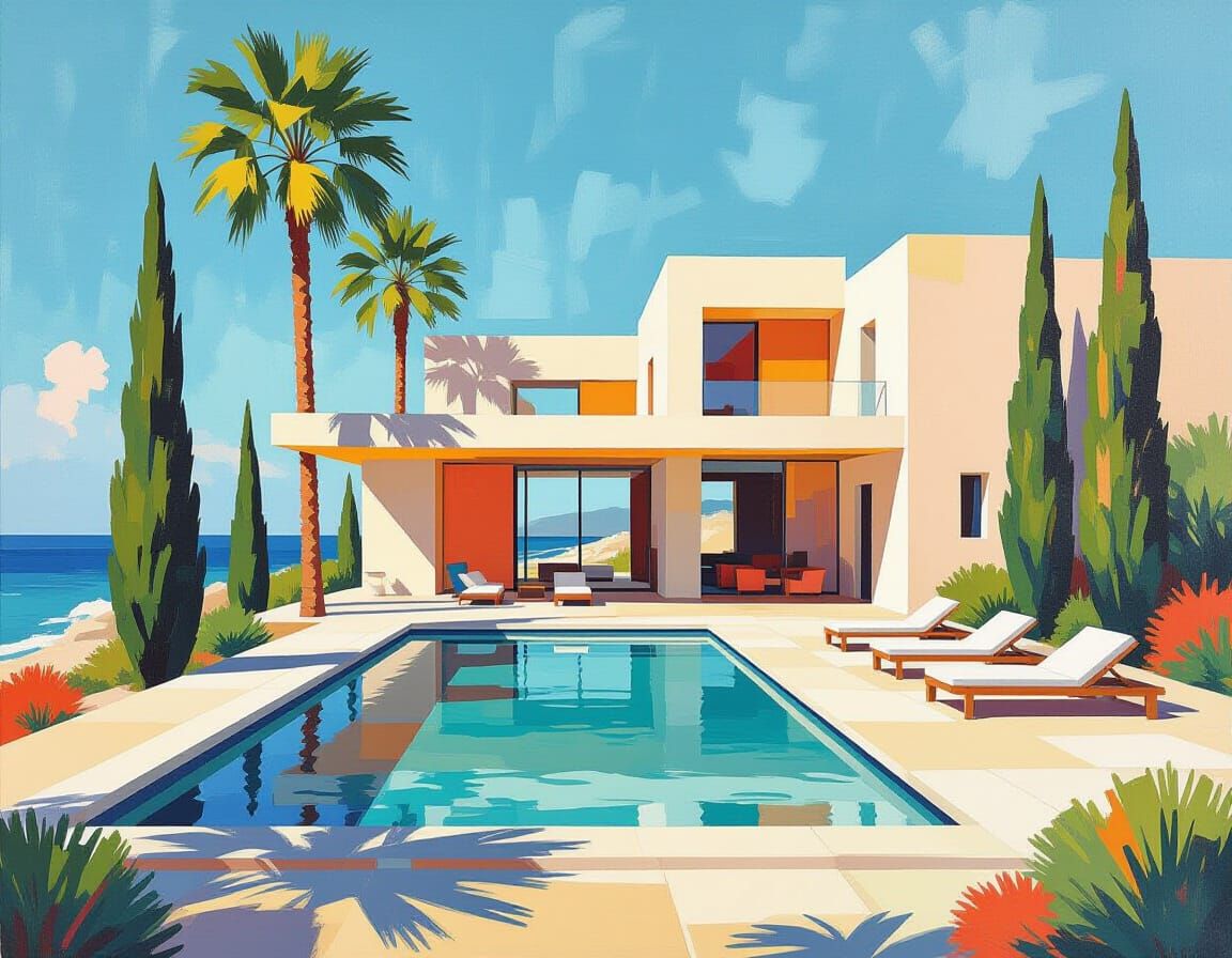 Modern House by the Ocean in Abstract Expressionism Style