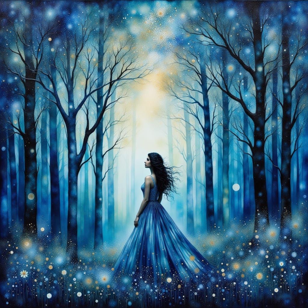 Blue Fairy in Enchanted Forest: Watercolor Art