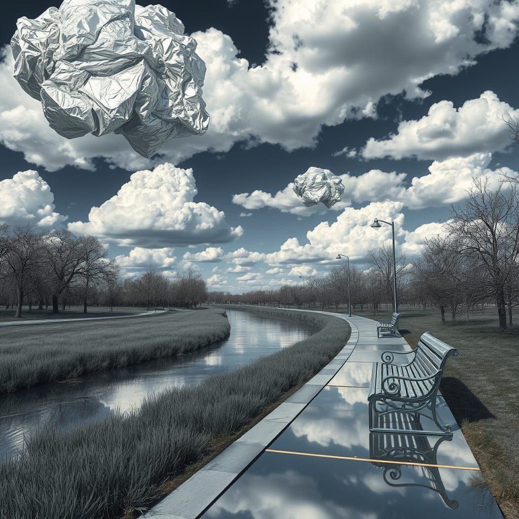Surreal Metallic Landscape with Tinfoil Clouds