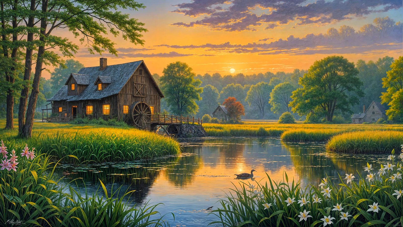Idyllic Pond Landscape Painting in Vivid Colors