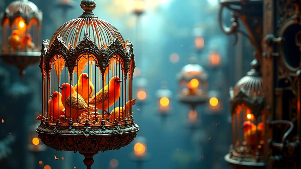 Gothic Birdcage with Colorful Birds in Steampunk Style