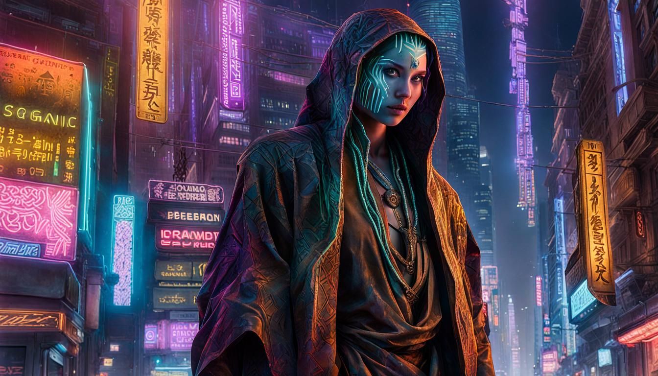 Neon-lit cyberpunk city
