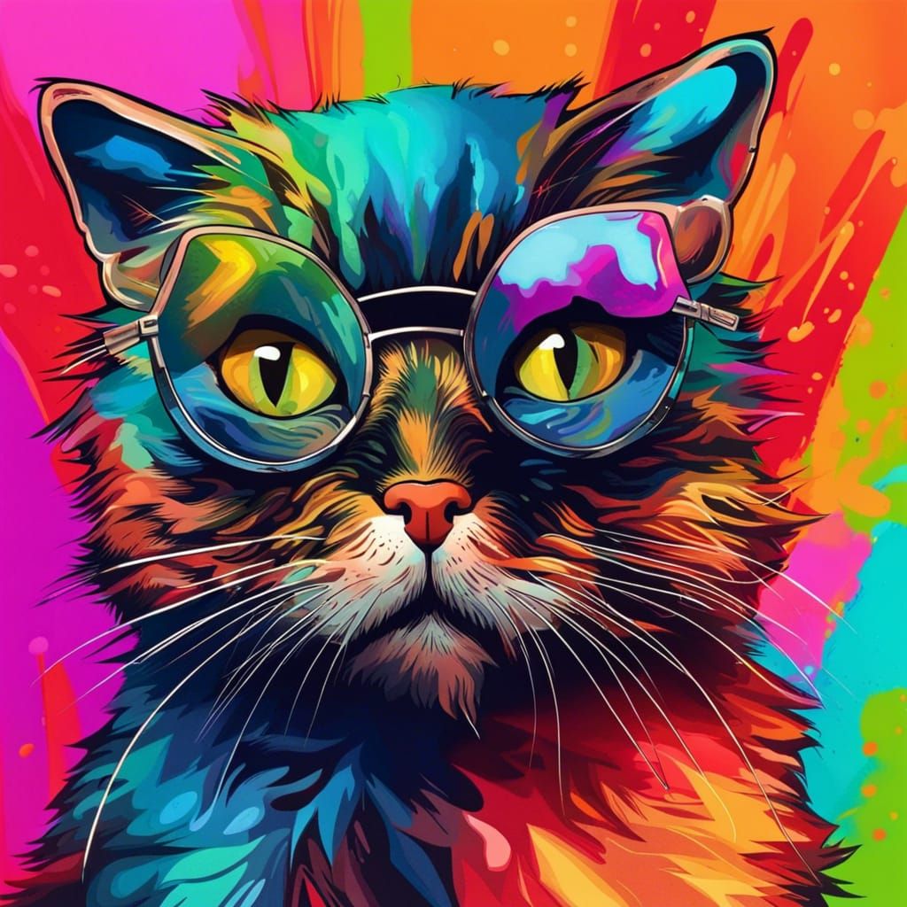 Hyperrealistic Hipster Cat with Colorful Splash Art