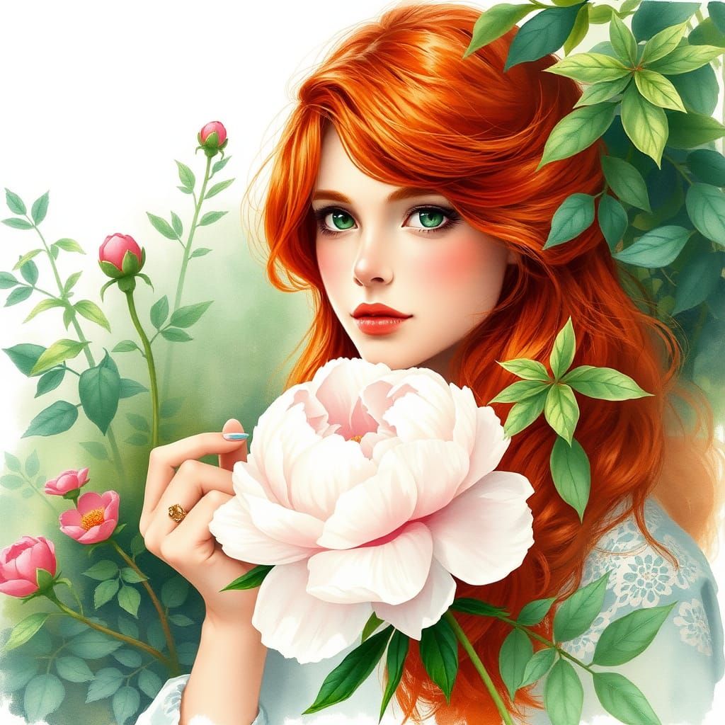 Woman with Peony in Watercolor Botanical Style