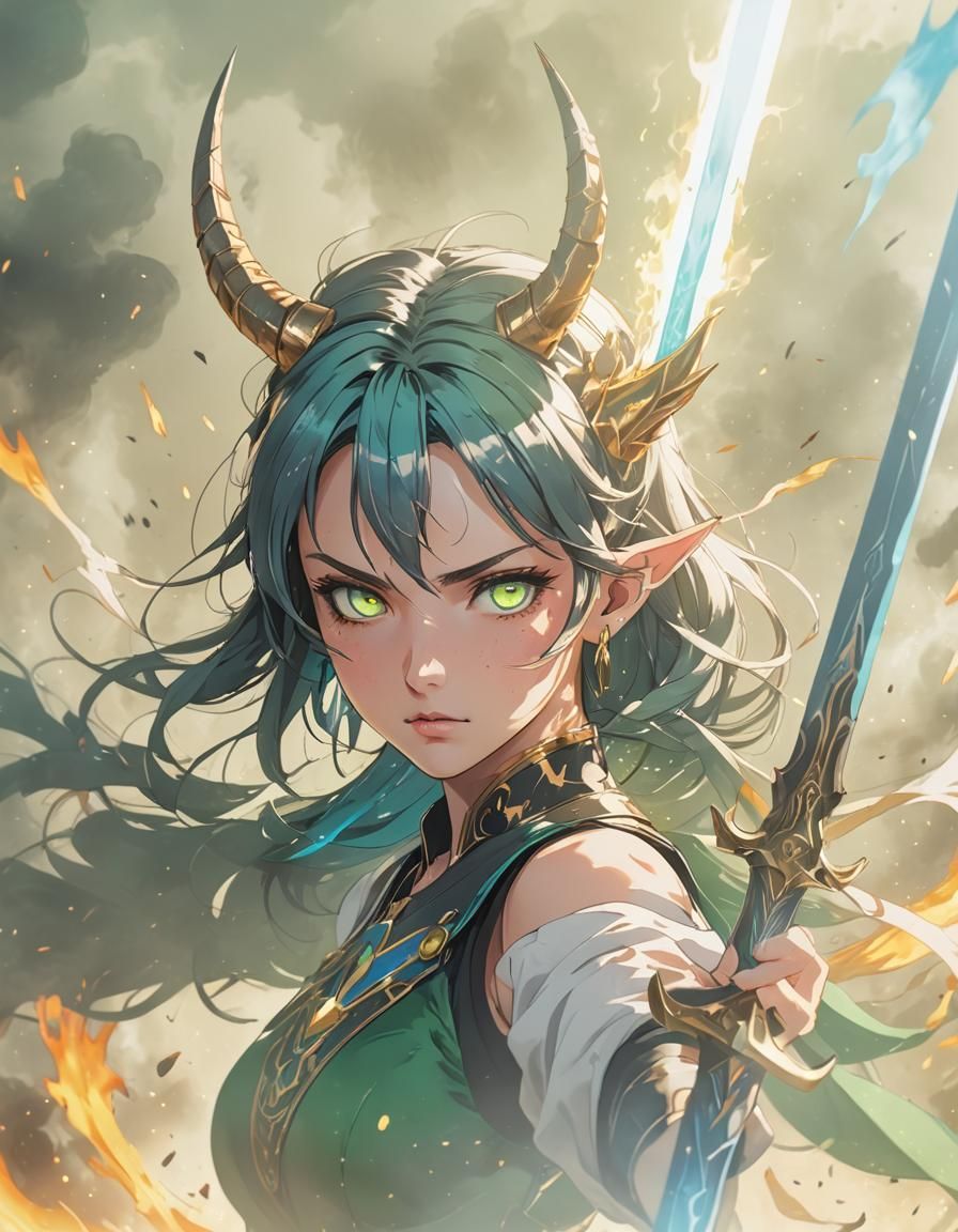 Anime Warrior Girl Summons Fireball in Digital Art