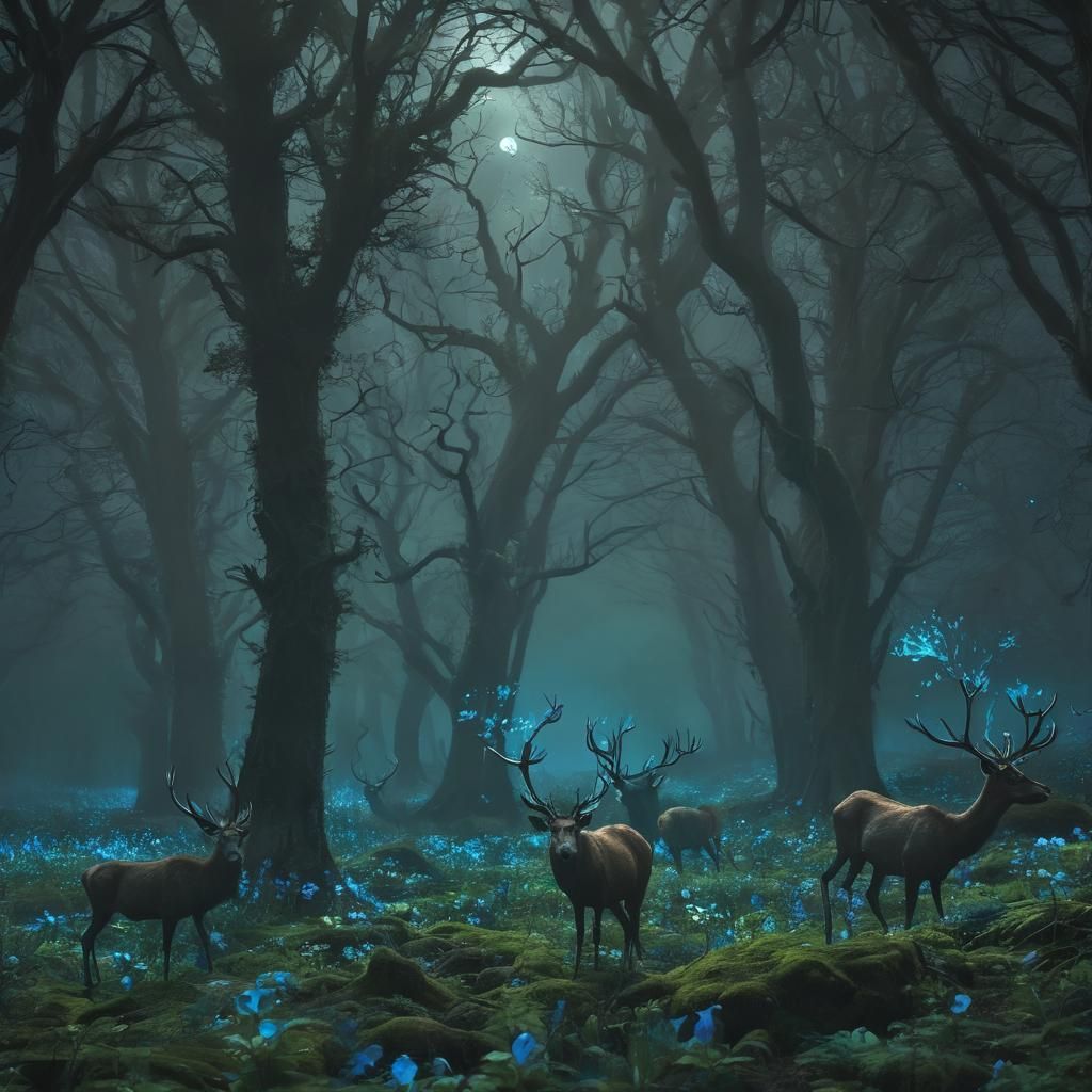 Mystical Forest with Bioluminescent Flowers and Fiery Stags
