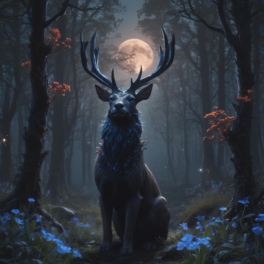 Mystical Forest with Bioluminescent Flowers and Stag