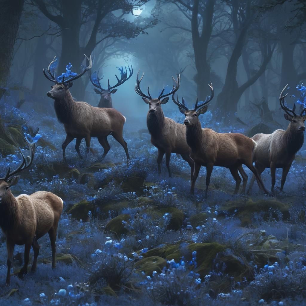 Mystical Stags in Bioluminescent Forest: Digital Art