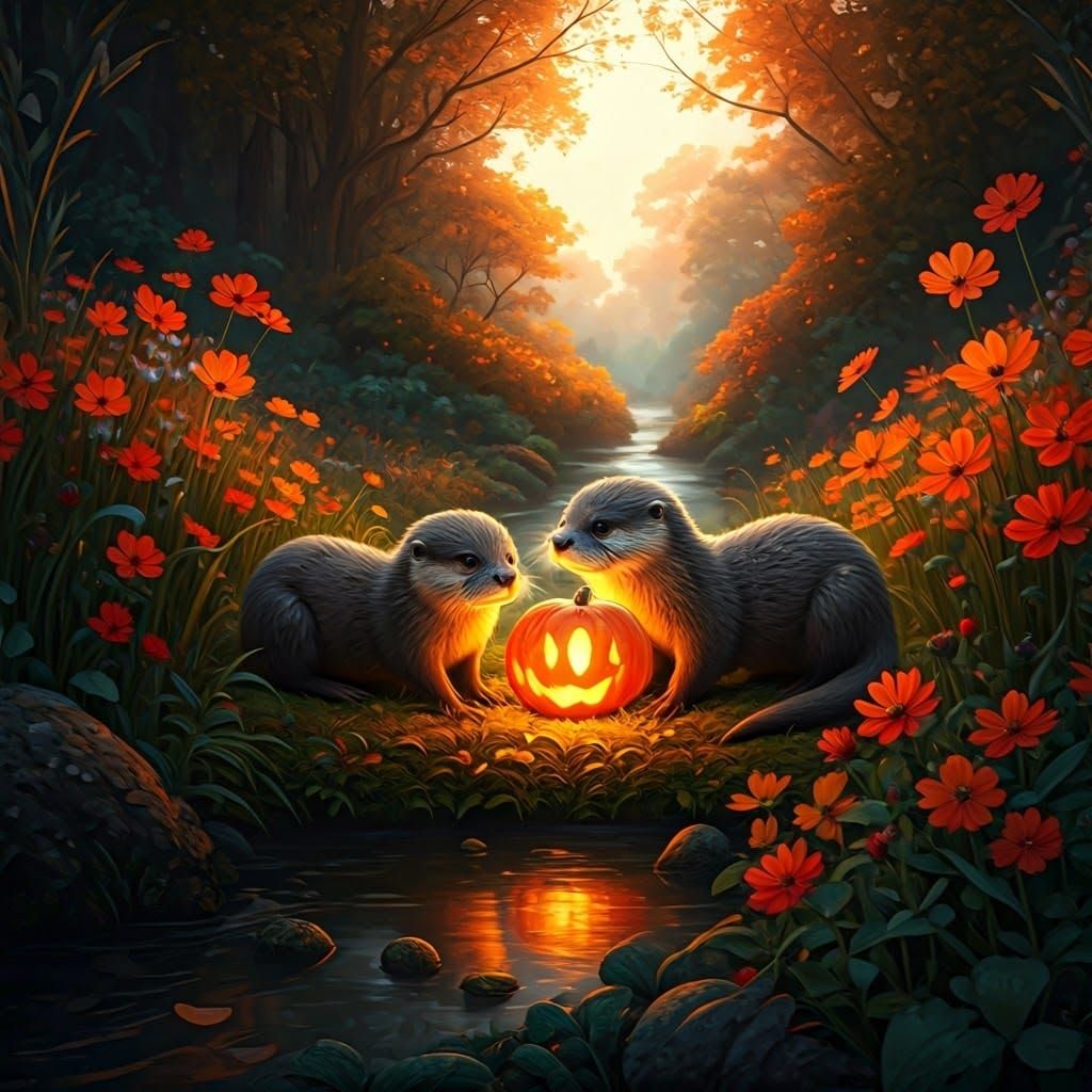 Otters Frolic with Pumpkin Lantern: Fantasy Concept Art