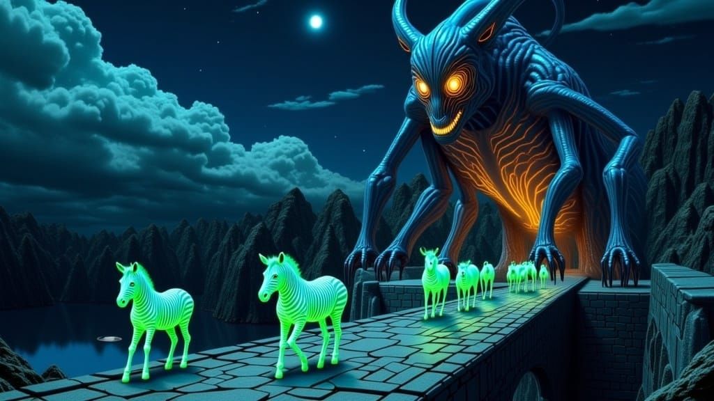 Glowing Zebras Cross Ancient Bridge Under Dark Indigo Sky