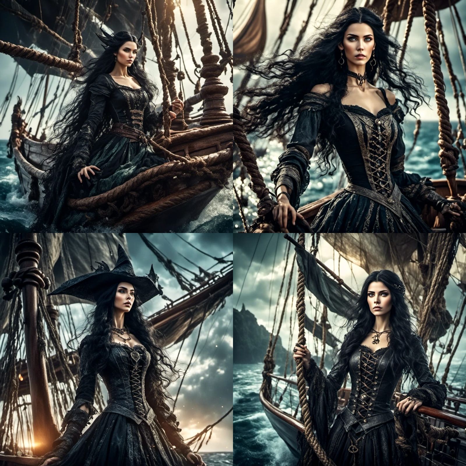 Elven Witch on Sailing Ship in Dark Fantasy Style