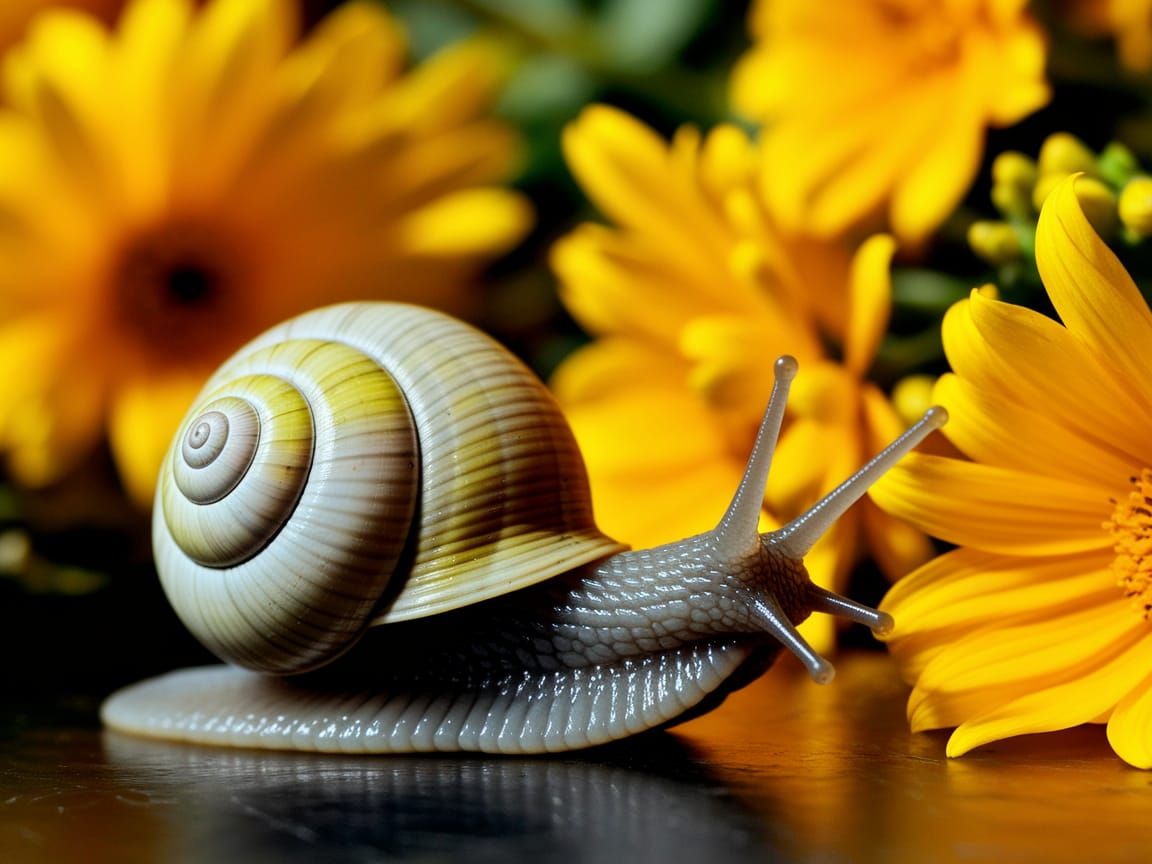 Whimsical Yellow-Spotted Snail in a Vibrant Floral Setting