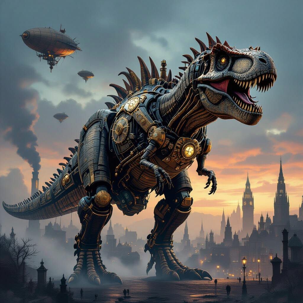 Steampunk T-Rex in Gothic Victorian City