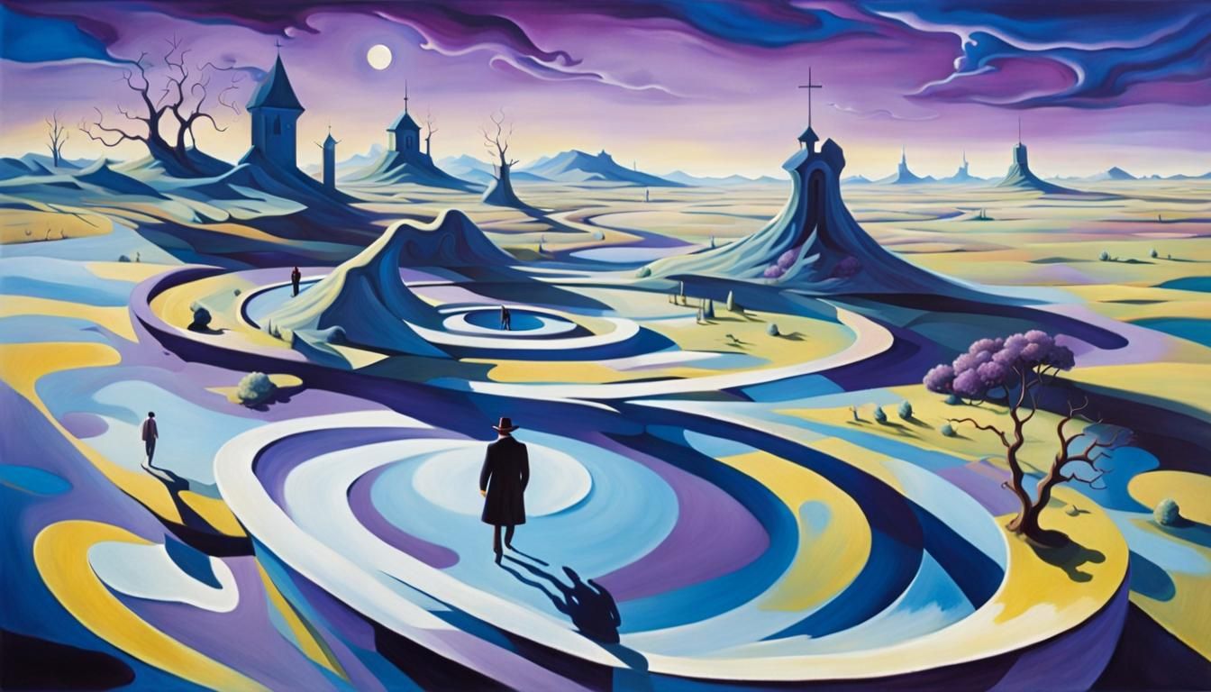 Surreal Figures in Endless Pursuit, Dreamlike Colors