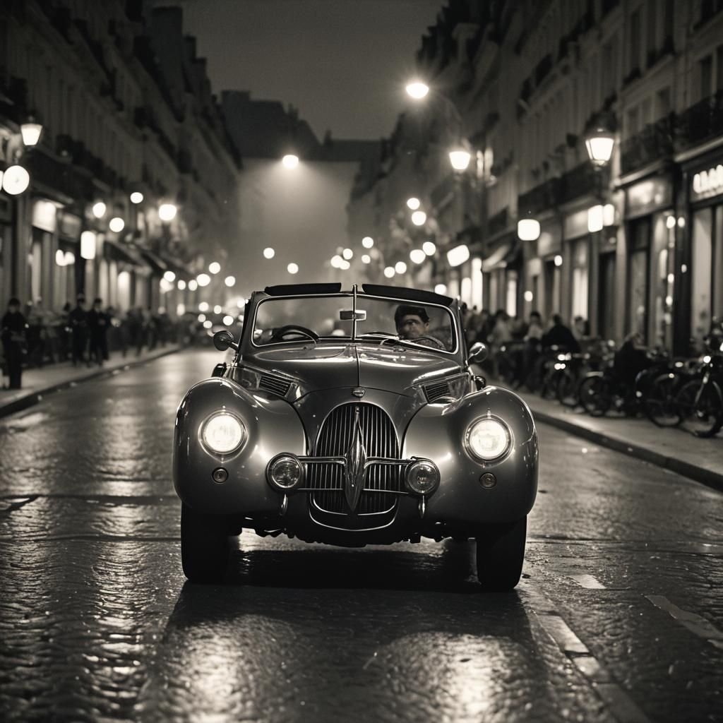 1940s Sports Car Racing Through Paris Night
