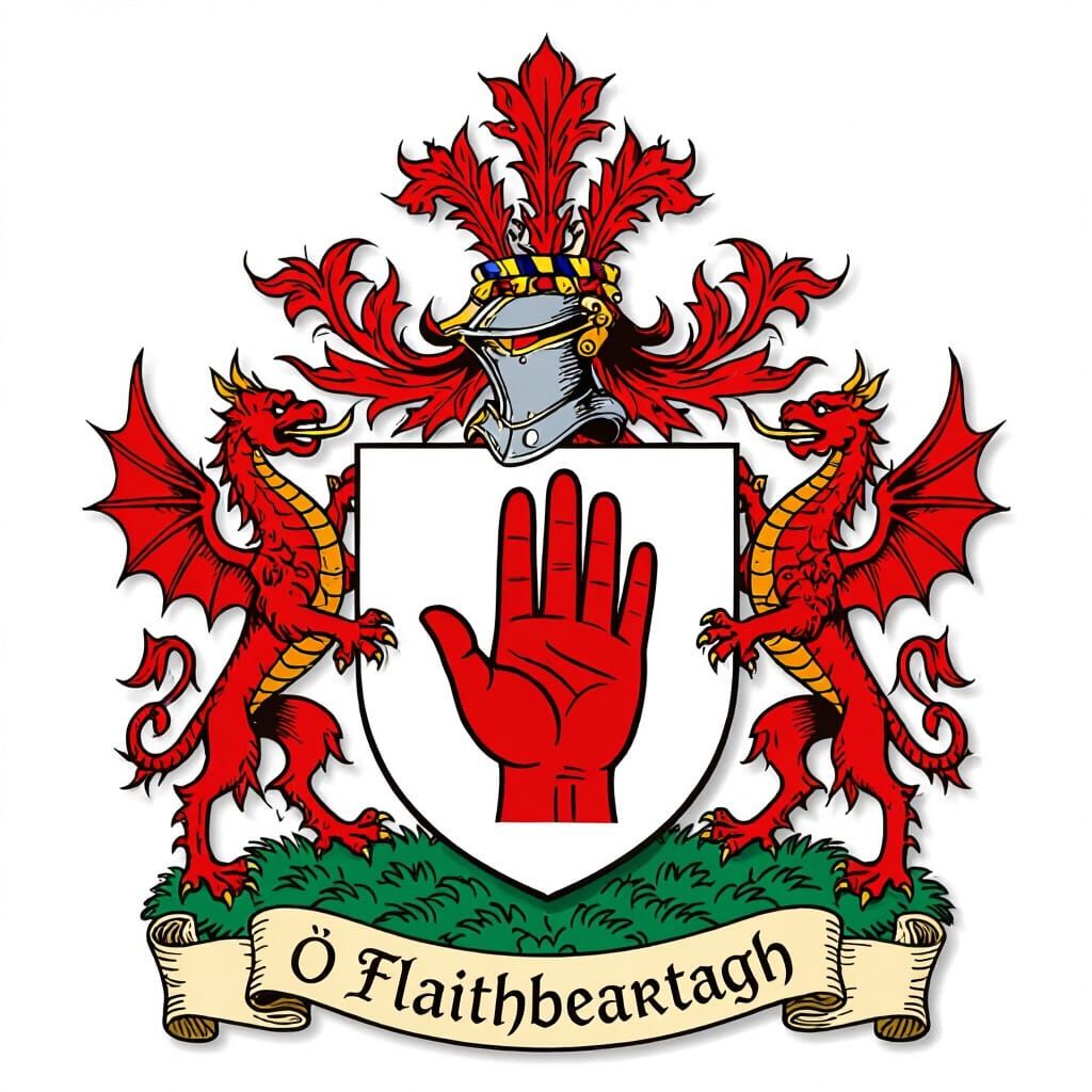 Ó Flaithbheartaigh Coat of Arms: Red Hand and Dragons