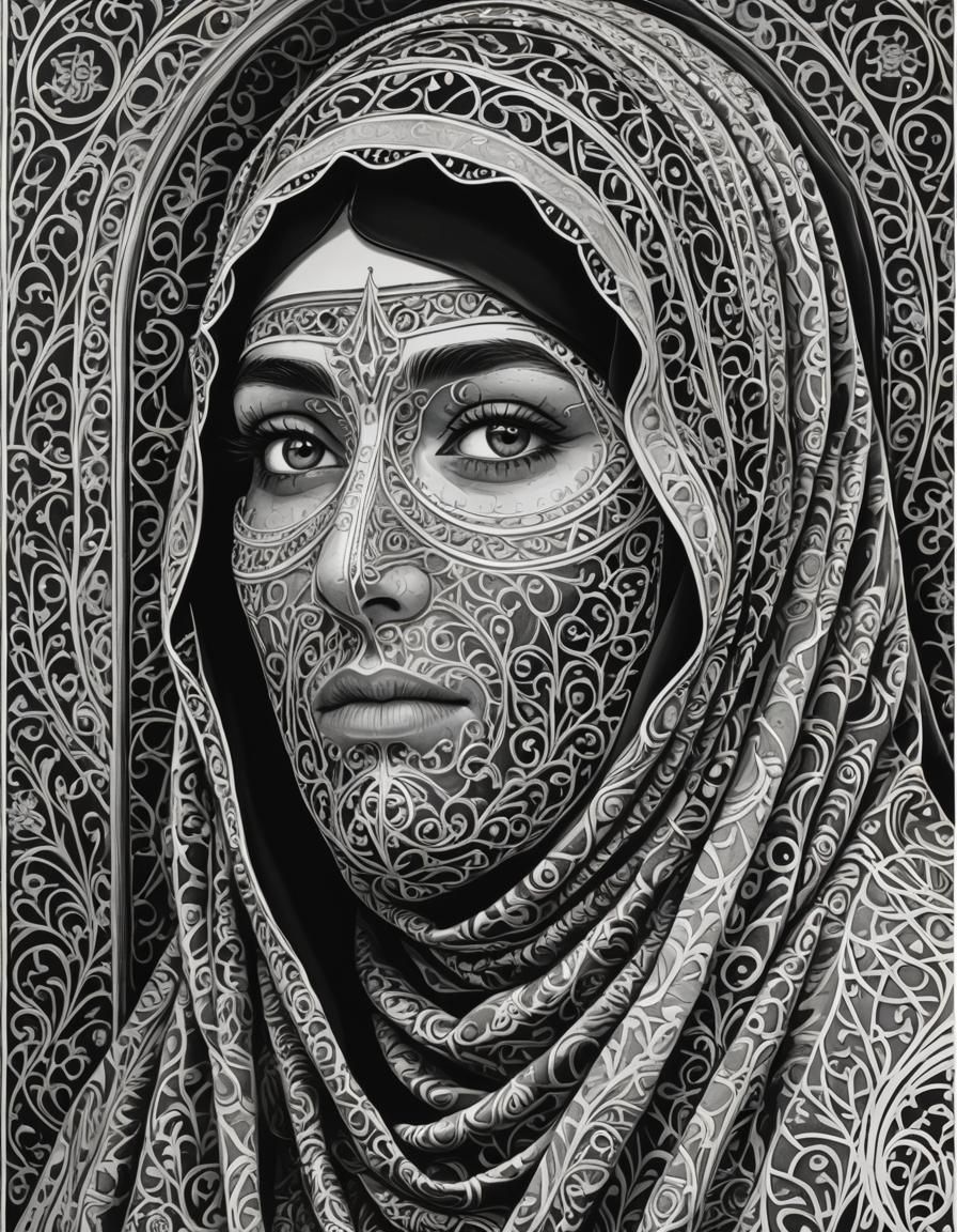 Monochrome Portrait of Woman in Burqa, Detailed Illustration