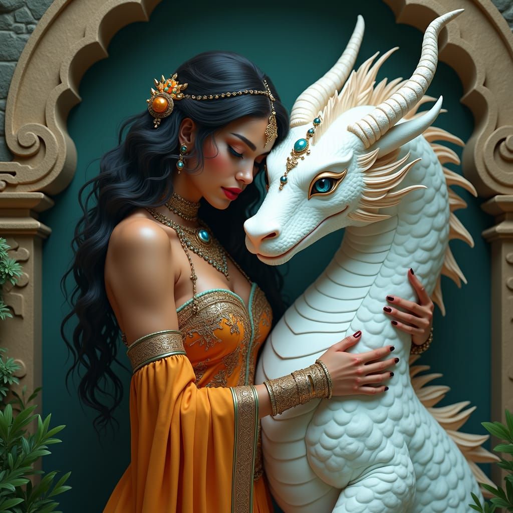 Hispanic Woman and Dragon: Dreamlike Artstation Concept