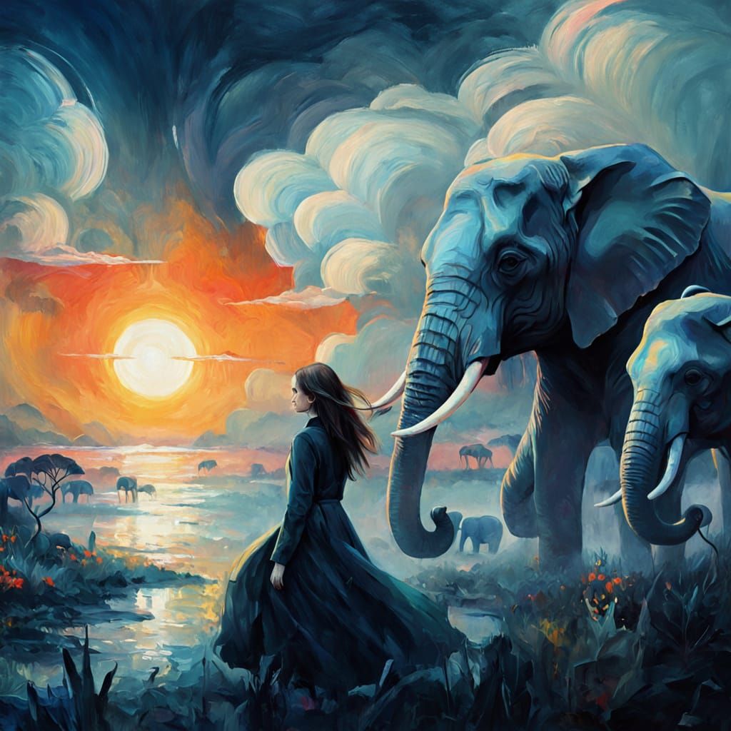 Woman and Elephants in Surrealist Oil Painting