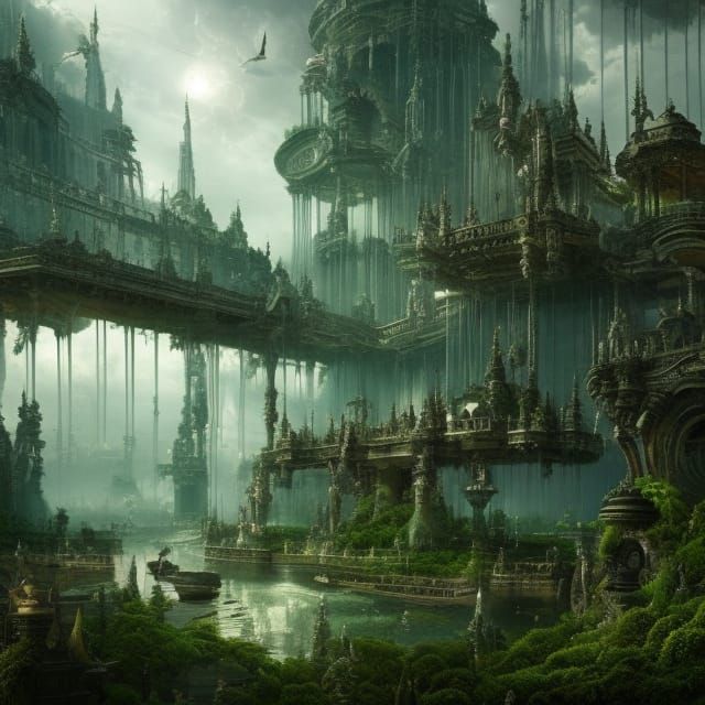 Futuristic City with Floating Gardens in Digital Matte Paint...
