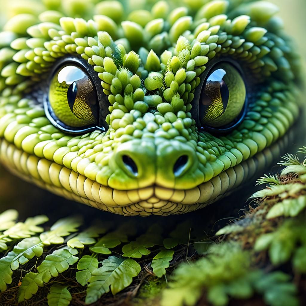 Cute Moss Snake Portrait in Watercolor Style