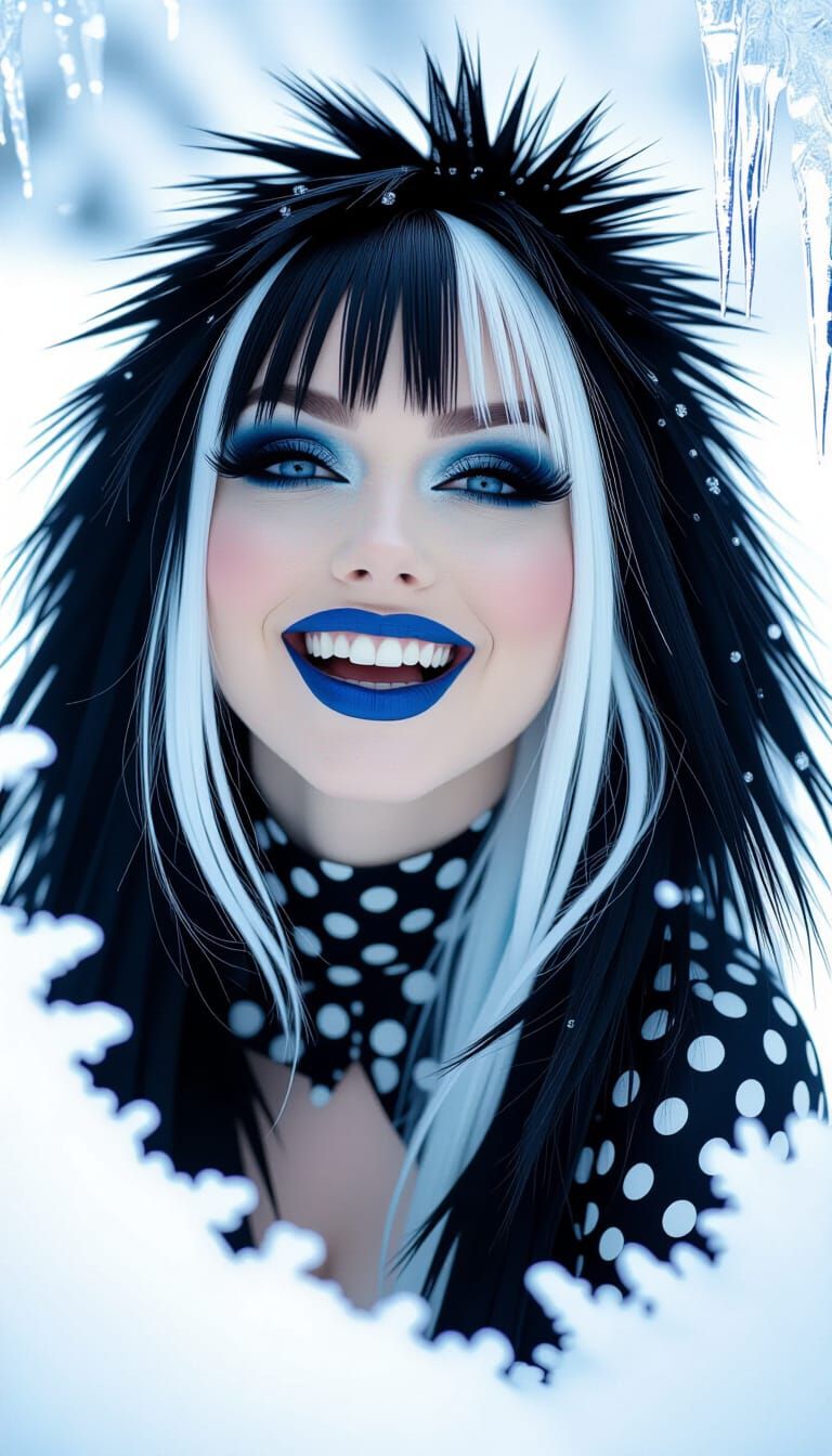 Goth-Punk Woman Smiling in Ethereal Winter Wonderland