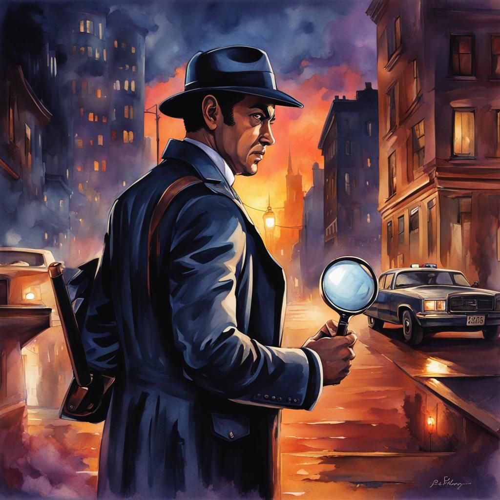 Detective Investigates Crime Scene in Digital Watercolor