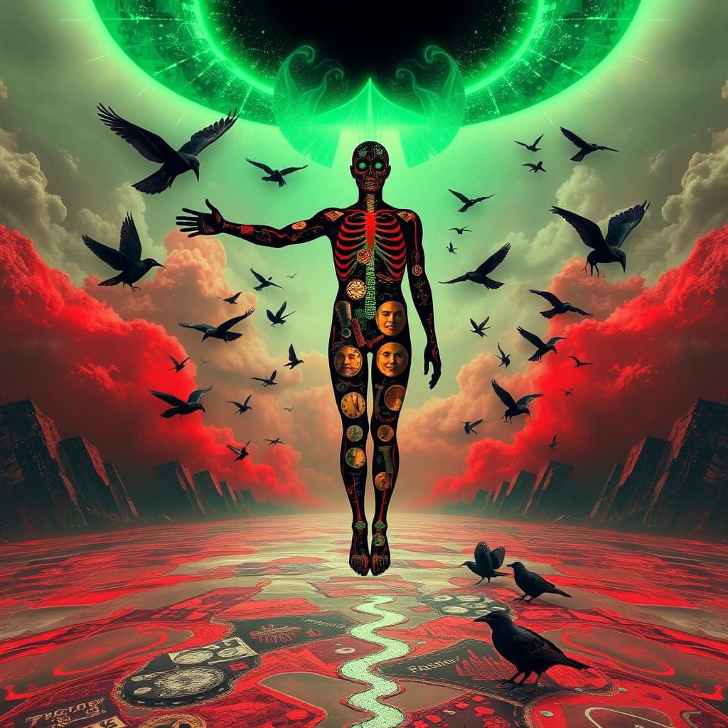 Surreal Red and Green Odyssey: Fractured Psyche Unveiled