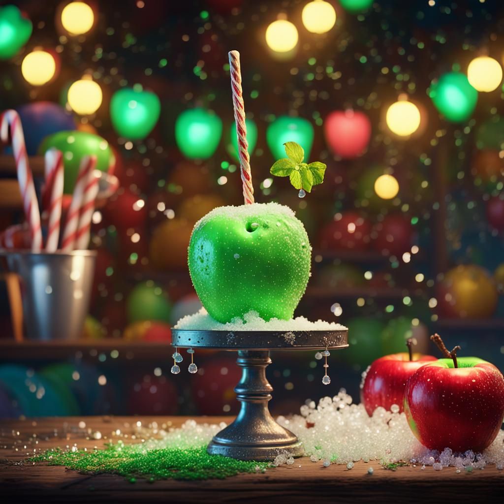 Glistening Green Candy Apple on Carnival Counter