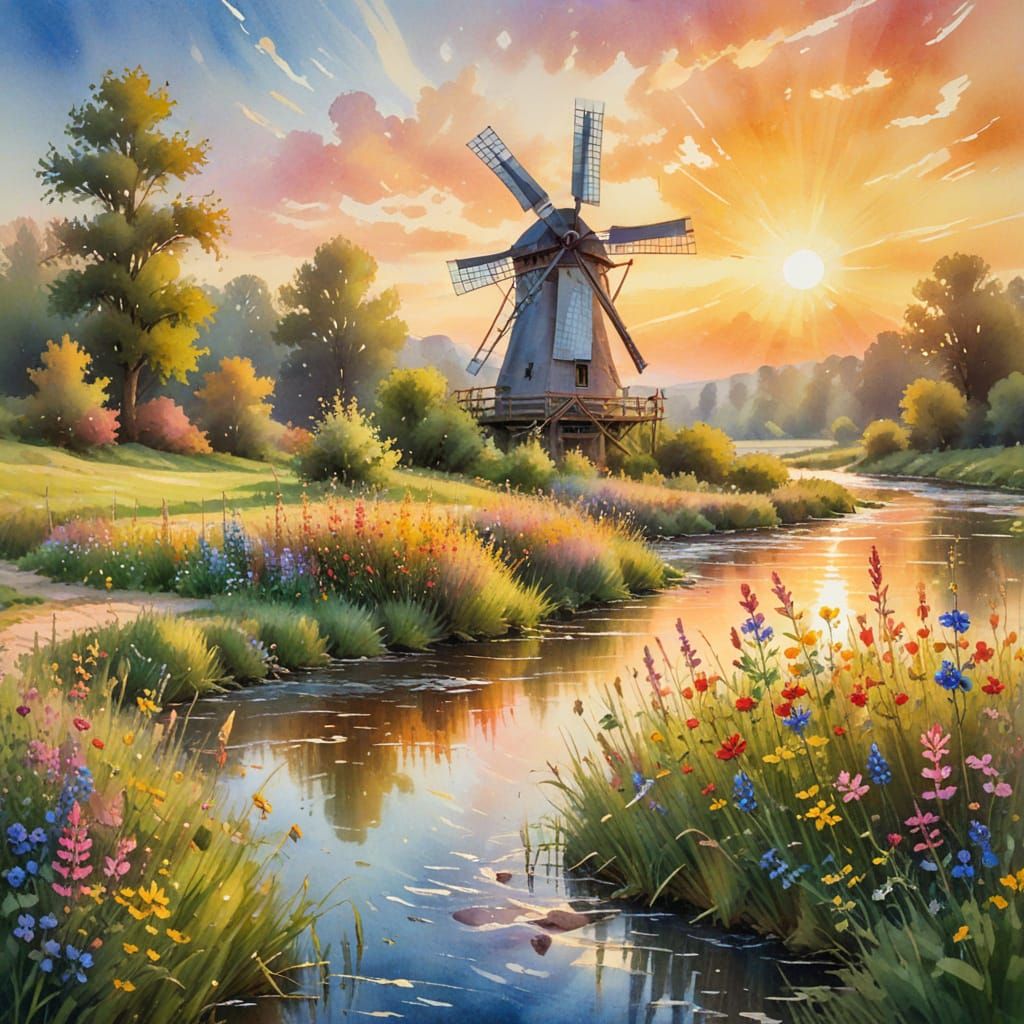 Watercolor Windmill in Impressionist Meadow