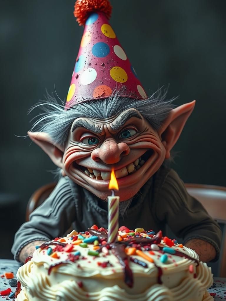Realistic Photo of Grimy Troll with Birthday Cake