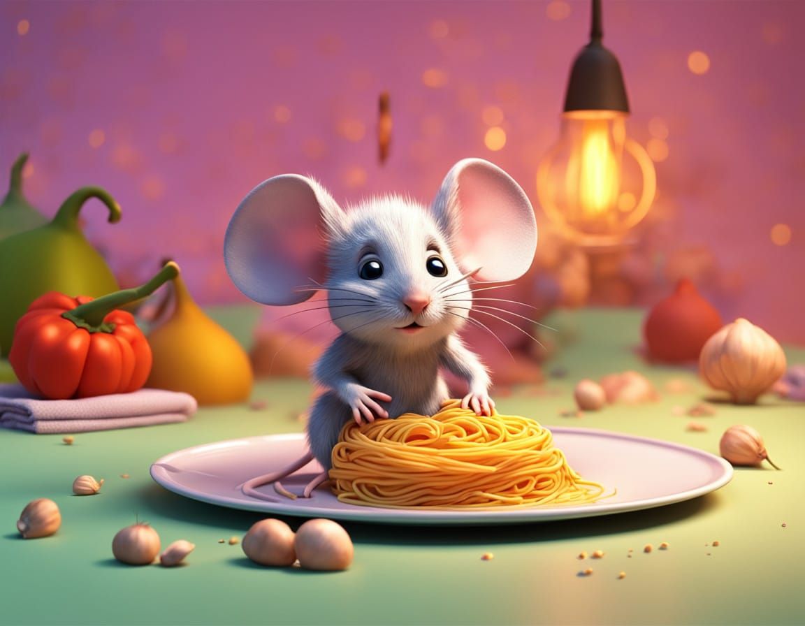 Whimsical Baby Mouse Enjoying Spaghetti Feast in Vibrant Gra...
