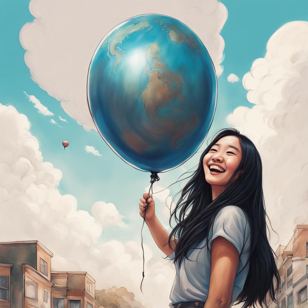 Happy Girl with Earth Balloon in Memphis Style