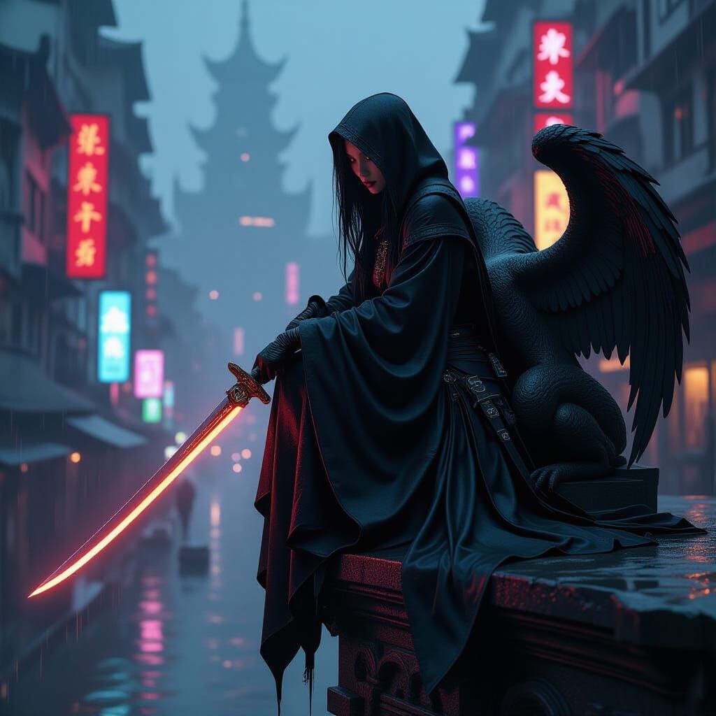 Cyberpunk Elf Assassin on Gothic Gargoyle