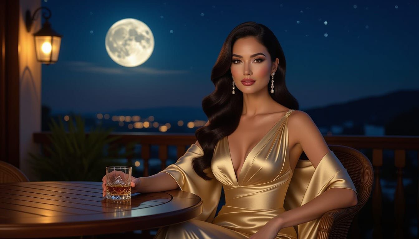Elegant Woman in Gold Gown Under Moonlight